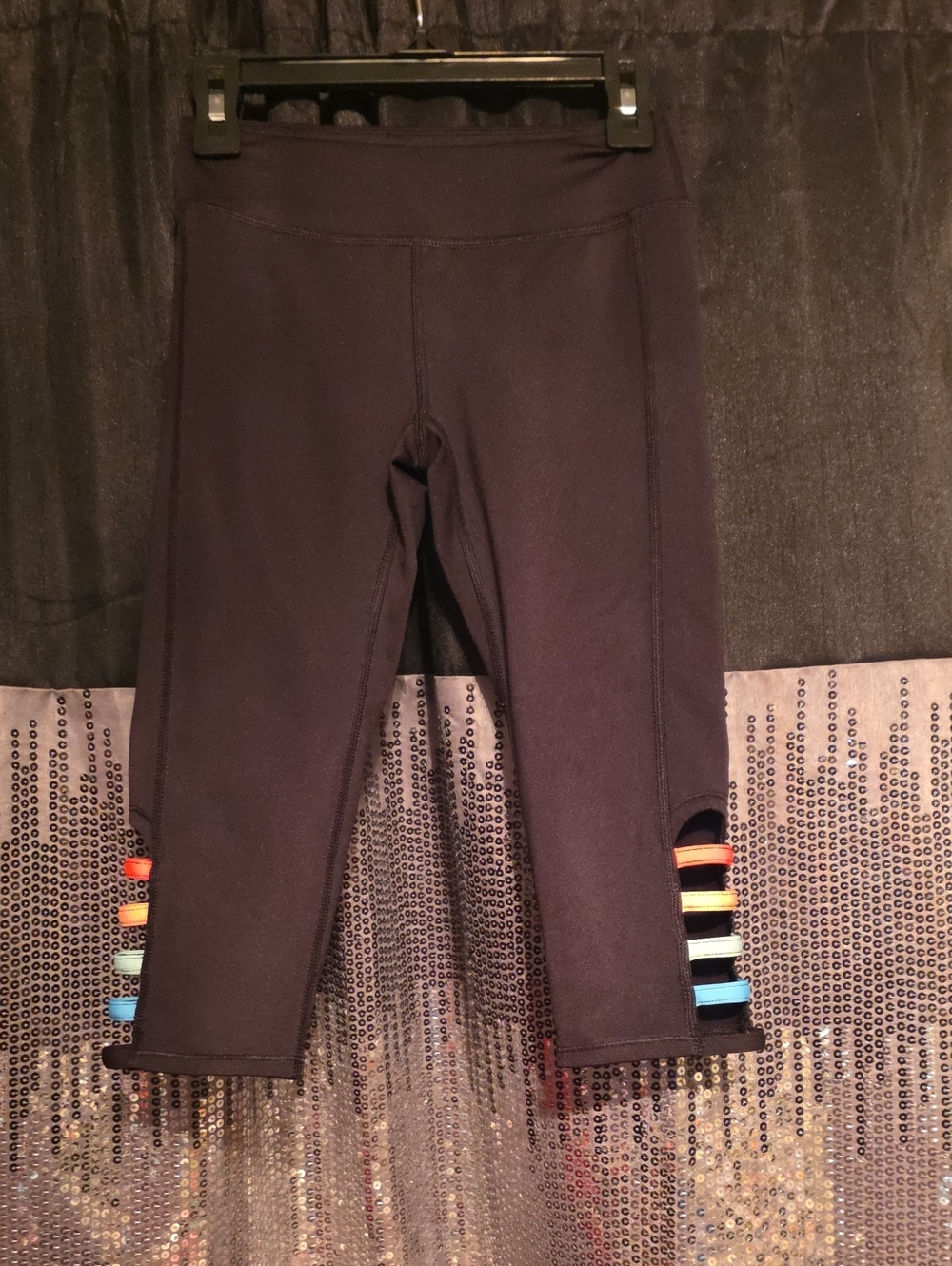 Girls Black Capri Leggings with Colorful Straps